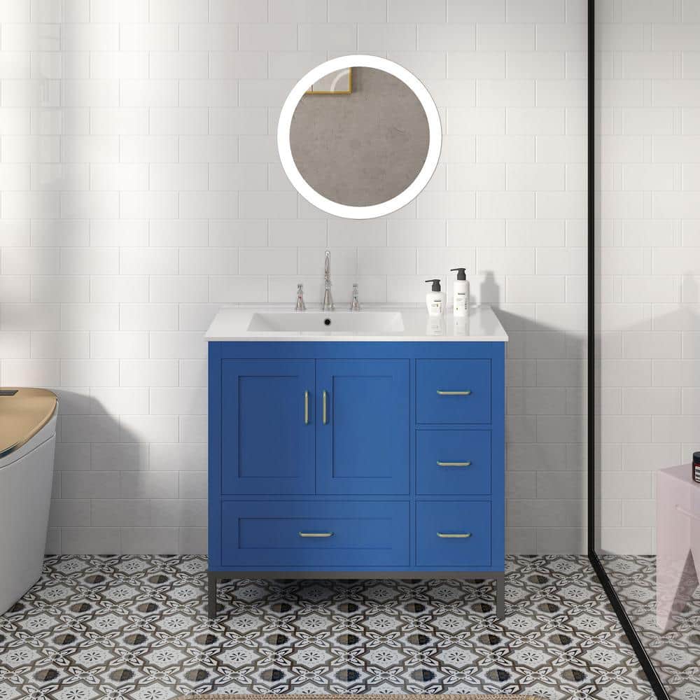36 in. W x 18.3 in. D x 33 in. H Freestanding Bath Vanity in Blue with Whit