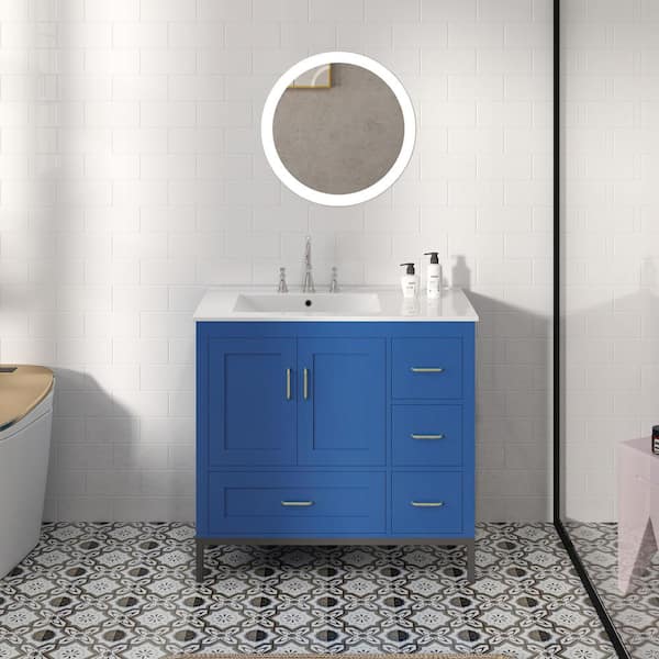 EPOWP 36 in. W x 18.3 in. D x 33 in. H Freestanding Bath Vanity in Blue with White Ceramic Top Single Basin Sink and Storage