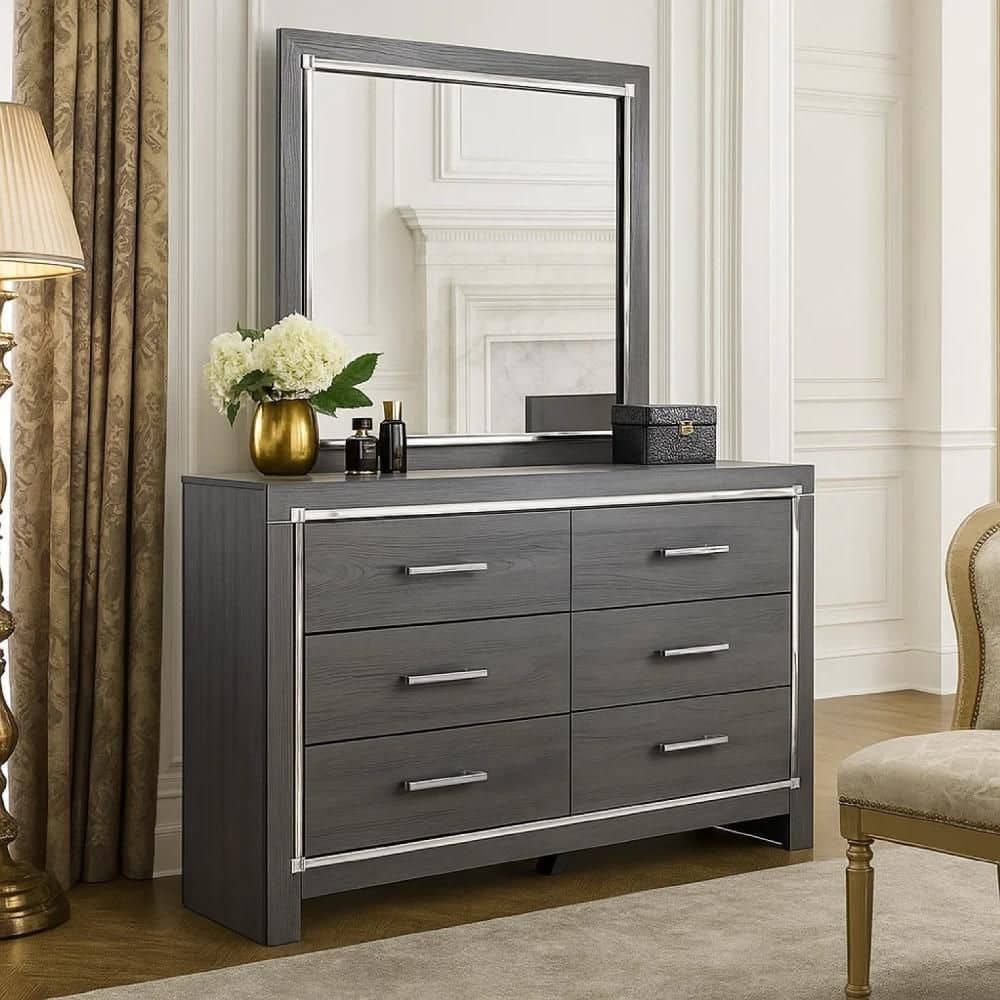 grey dresser with mirror Furniture of America Augenst Gray 6-Drawer 63 in. IDF-7240GY-DM Add style to your bedroom with this piece. Floren Contemporary Weathered Gray Wood