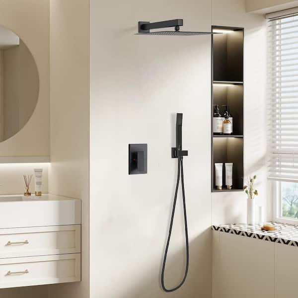 1-Spray Patterns Single-Handle with 2.5 GPM 10 in. Square Wall Mount Rain Fixed Shower Head in Matte Black