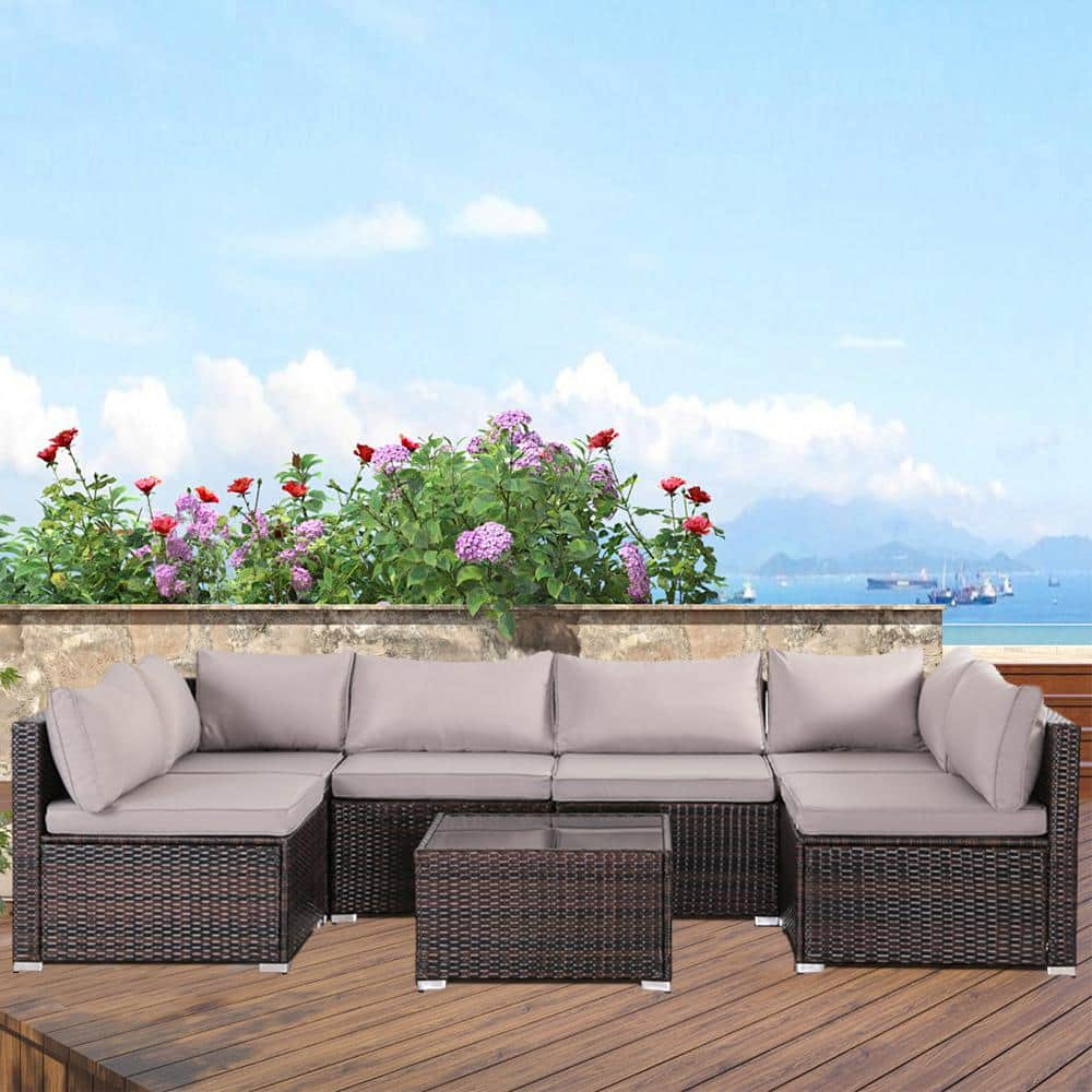 7-Piece Brown Wicker Outdoor Sectional Set, Rattan Outdoor Patio Set ...