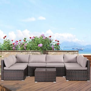 7-Piece Brown Wicker Outdoor Sectional Set, Rattan Outdoor Patio Set with Gray Cushions, Tea Table