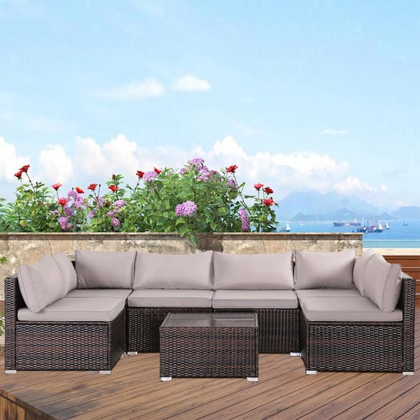 Unbranded 7-Piece Brown Wicker Outdoor Sectional Set, Rattan Outdoor Patio Set with Gray Cushions, Tea Table
