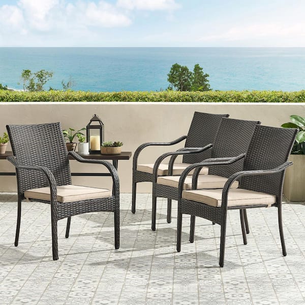 Coporesell Brown Iron Outdoor Lounge Chair with Beige Cushions (4-Pack)