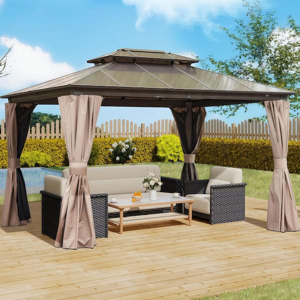 ToolCat 10 ft. x 12 ft. Hardtop Gazebo, Aluminum Permanent Outdoor Gazebo with Polycarbonate Double Roof, Curtain and Netting