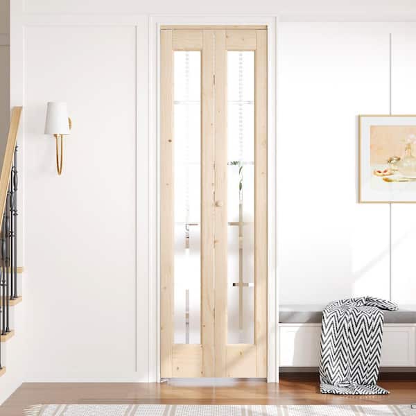 24 in. x 80 in. 3/4 Lite Frosted Glass Solid Core Brown Wood Bi-fold Door with Hardware