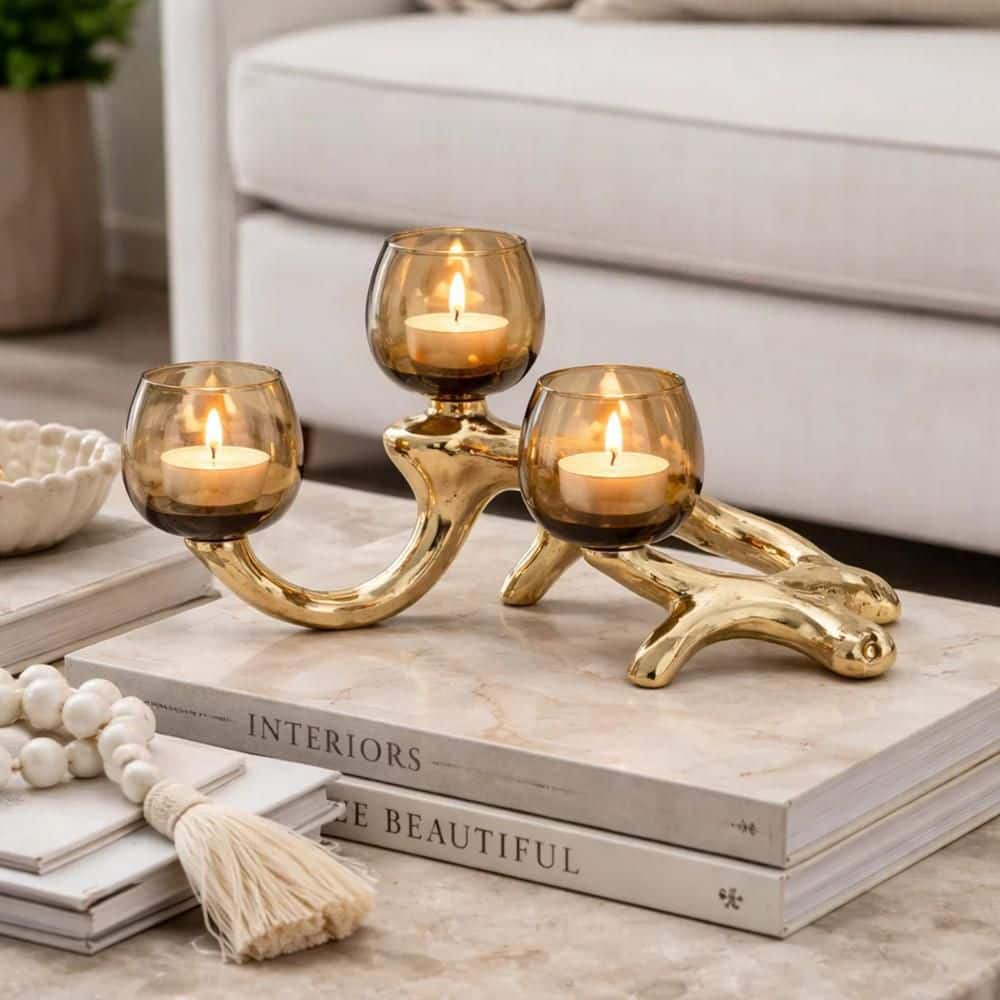 Benjara Dyna Gold Metal Candle holder 3-Pack with Multiple