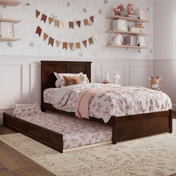 Felicity Walnut Brown Solid Wood Frame Twin Platform Bed with Panel Footboard and Twin Trundle