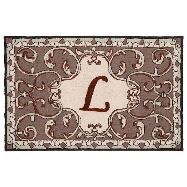 SAFAVIEH Monogram Mocha 3 ft. x 4 ft. "L" Ornate Floral Indoor/Outdoor Area Rug