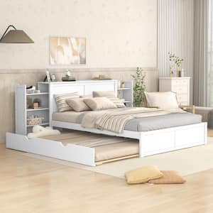 White Wooden Frame Queen Size Platform Bed with Trundle and Shelves