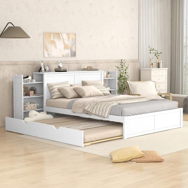 Qualler White Wooden Frame Queen Size Platform Bed with Trundle and Shelves