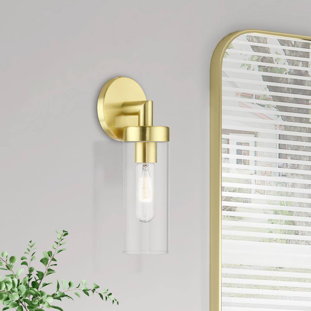Urban Elegance Satin Brass Dimmable Sconce with Clear Glass