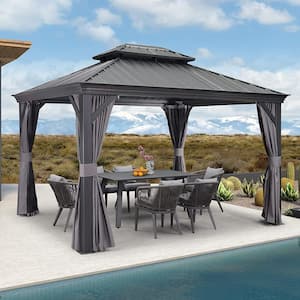 10 ft. x 12 ft. Gray Aluminum Hardtop Gazebo Canopy for Patio Deck Backyard Heavy-Duty with Netting and Curtains