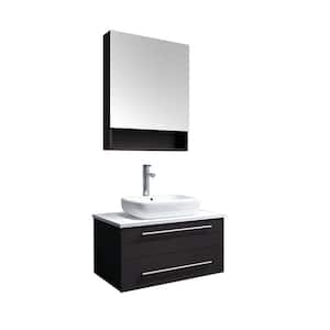 Lucera 30 in. W Wall Hung Vanity in Espresso with Quartz Stone Vanity Top in White with White Basin and Medicine Cabinet