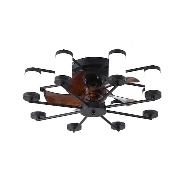 PUDO Windmill Flush Mount 21.7 in. Black Indoor Lighting Ceiling Fan with 5 Brown Blades