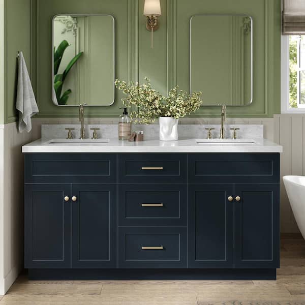ARIEL Hamlet 67 in. W x 22 in. D x 36 Double Sink Freestanding Bath Vanity in Midnight Blue with Carrara White Marble Top