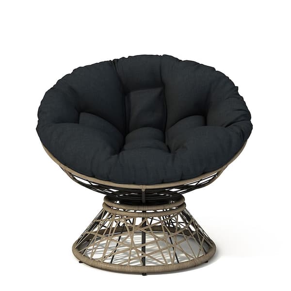 Sudzendf Gray Wicker Outdoor Rocking Chair, Swivel Chair with Black Cloud Thick Density Fabric Cushion, Fluid 360° Swivel