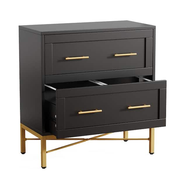 BYBLIGHT Atencio 2-Drawer Black Wood 32 in. W Lateral File Cabinet, Modern Gold Lateral Filing Cabinet for Letter/Legal/A4 Size