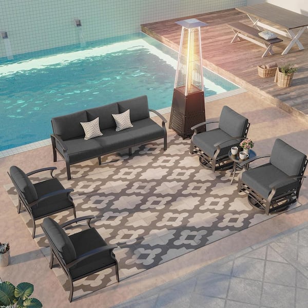 Halmuz 7-Seat Aluminum Patio Conversation Set with Swivel Rocking Chairs, 55,000 BTU Pyramid Propane Heater and Cushion Black