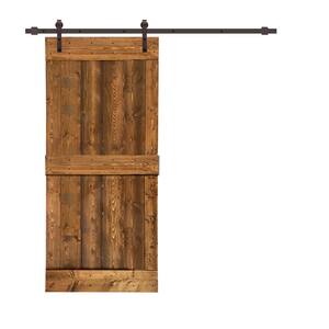 24 in. x 84 in. Distressed Mid-Bar Walnut Stained Solid Knotty Pine Wood Interior Sliding Barn Door with Hardware Kit