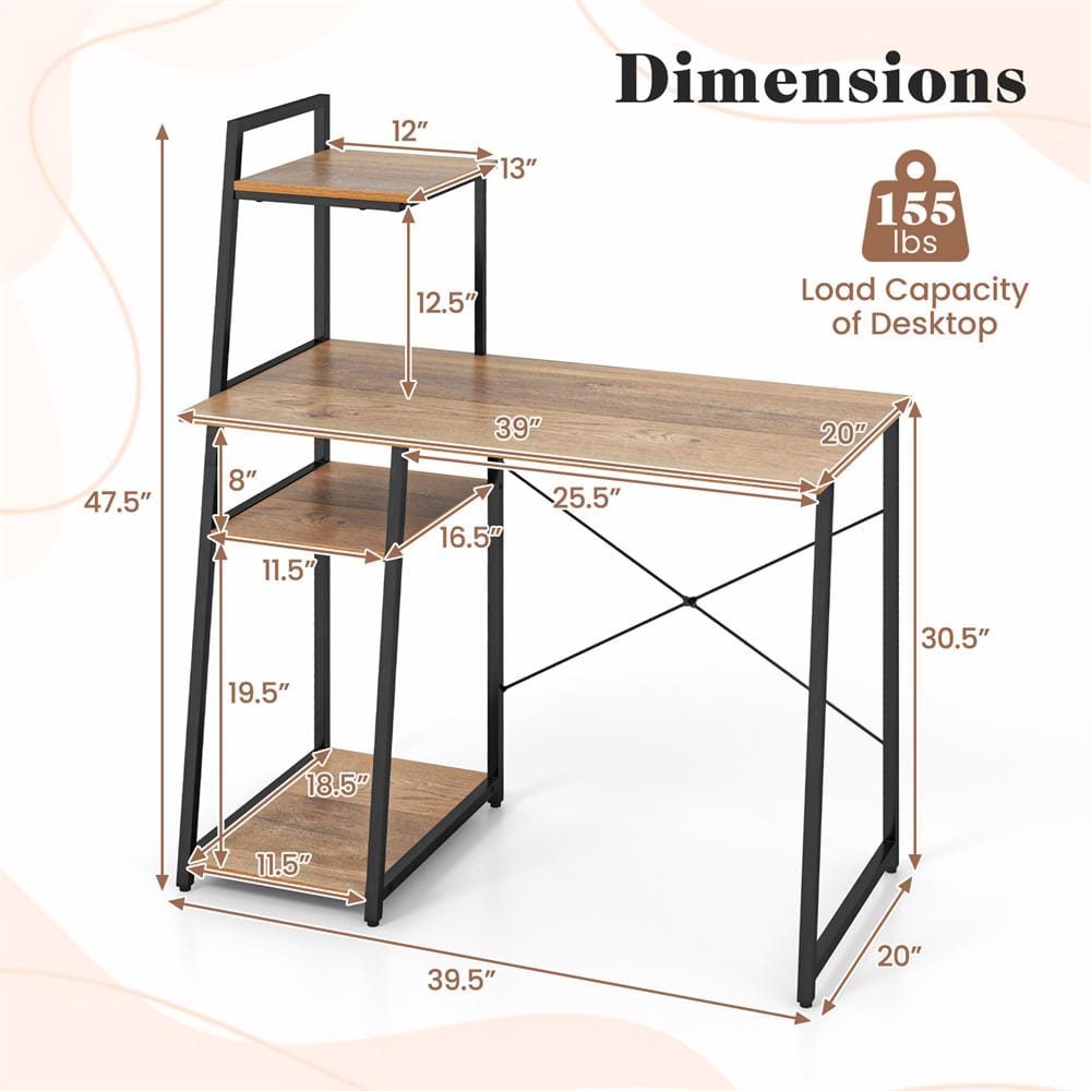 Natural Wood and Metal 4-Tier Computer Desk with Shelves
