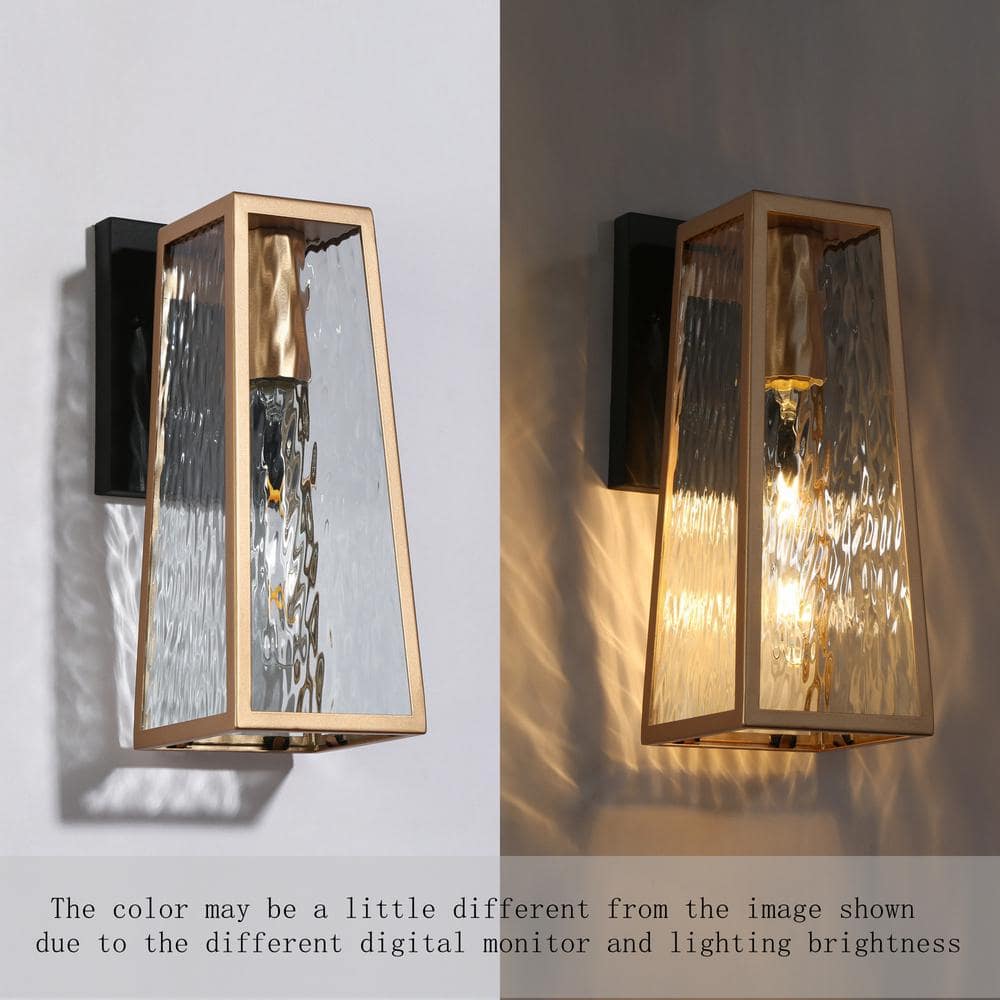 Medium Black and Gold Outdoor Metal Lantern Sconce with Clear Glass