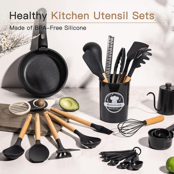 Numhew 39-Piece Black Silicone Cooking Utensils Set with Wooden
