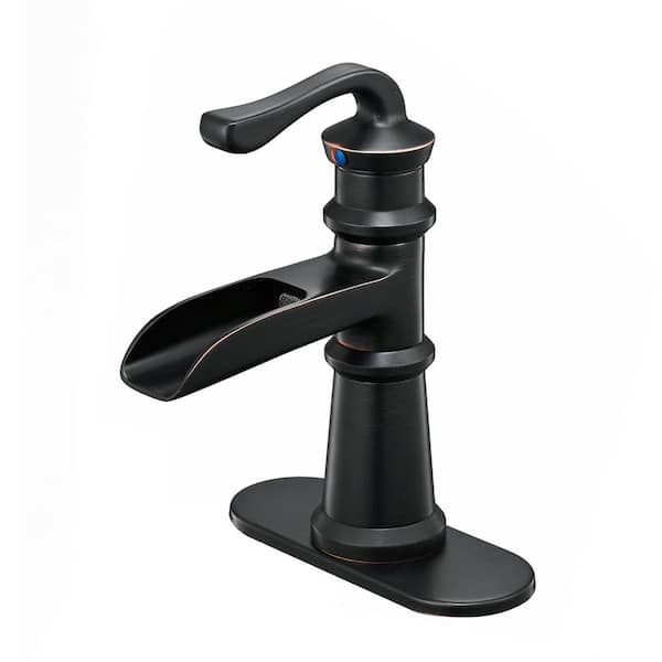FLG Single Handle Single Hole Waterfall Bathroom Faucet Brass Sink Vanity Taps with Deckplate Included in Oil Rubbed Bronze