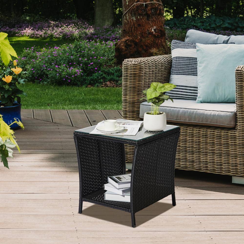 Karl Black Wicker Square Outdoor Accent Table with Glass Top