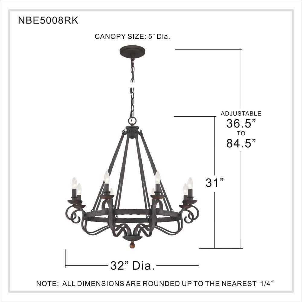 Noble Rustic Black 8-Light Chandelier with Dark Walnut Accents