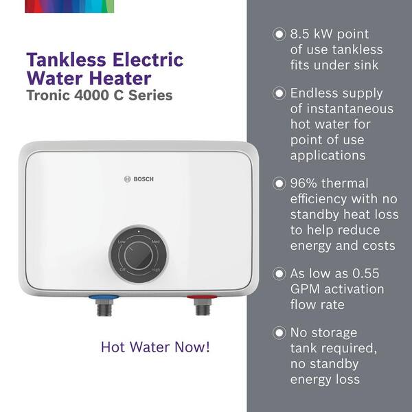 Bosch Tronic 4000C TR4000C-8 8.5kw 1.65 GPM Point-of-Use Electric Tankless  Water Heater TR4000C-8 - The Home Depot