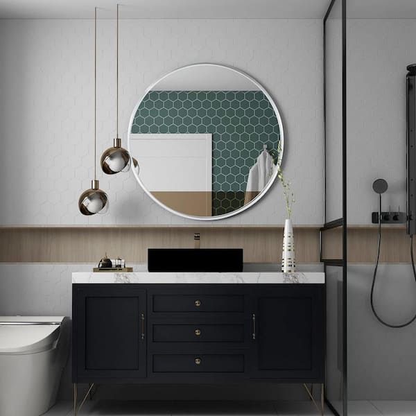 Nestfair 32 in. W x 32 in. H Round Framed Wall Mounted Bathroom Vanity Mirror in Silver