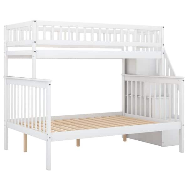 Nestfair White Wood Twin over Full Bunk Bed with Storage and Stairway ...