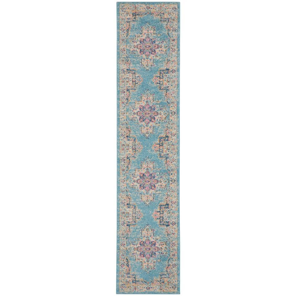 Light Blue Floral Synthetic Runner Rug with Latex Backing