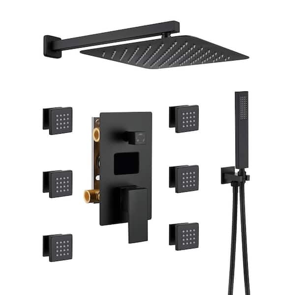 CASAINC 3-Spray 12 in. 2.5 GPM Square Wall Mount Dual Shower Head and Handheld Shower Head with 6-Body Jets in Matte Black