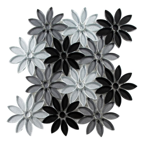 ANDOVA Fresh Ticia Black/Gray 9.5 in. x 11.5 in. Floral Pattern Smooth Polished Glass Mosaic Tile (3.8 sq. ft./Case)