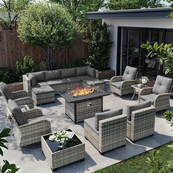 16-Piece Wicker Patio Conversation Set with 55,000 BTU Fire Pit Table and Glass Top Table with Gray Cushions