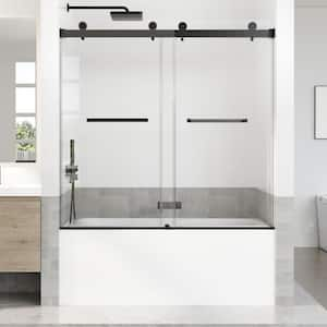 56-60 in. W x 66 in. H Double Sliding Frameless Bathtub Door in Black with 3/8 in. Tempered Clear Glass