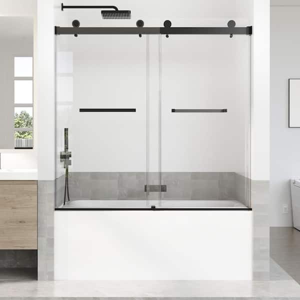 Opvande 56-60 in. W x 66 in. H Double Sliding Frameless Bathtub Door in Black with 3/8 in. Tempered Clear Glass
