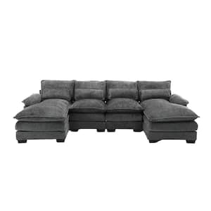 110 in. Rolled Arm 4-piece U-Shaped Modular Boucle Fabric Sectional Sofa Couch in Gray with 2 Cushions and 4 Pillows