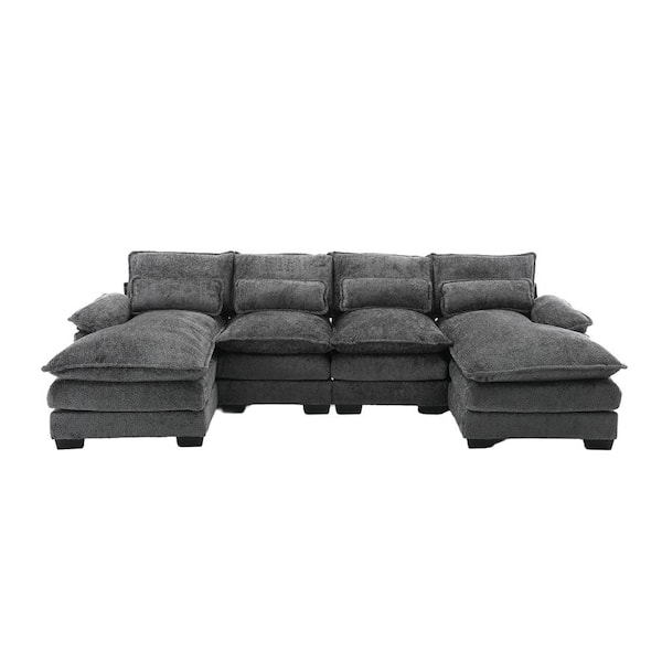 HOMEFUN 110 in. Rolled Arm 4-piece U-Shaped Modular Boucle Fabric Sectional Sofa Couch in Gray with 2 Cushions and 4 Pillows