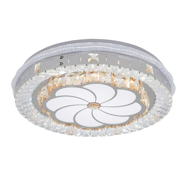 OUKANING 19.68 in. White Modern K9 Crystal 3-Color Integrated LED Flush Mount Ceiling Light for Bedroom, Living Room, Hallway