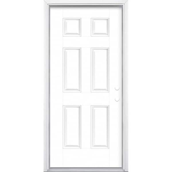 Masonite 36 in. x 80 in. 6-Panel Ultra Pure White Left Hand Inswing Painted Smooth Fiberglass Prehung Front Door with Brickmold