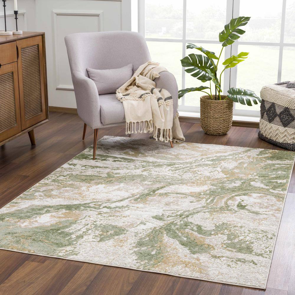 Green and Cream Abstract Polypropylene Area Rug 6'7" x 9'