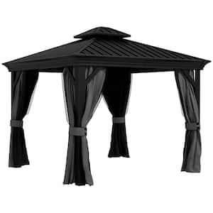 10 ft. x 10 ft. Light Gray Hardtop Gazebo with Curtains and Netting, Permanent Pavilion Metal Roof Gazebo Canopy