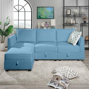 87.01 in. Linen Modern Reversible L-Shaped Sectional Sofa Couch with Chaise in. Robin Egg Blue