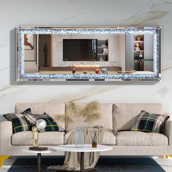 Black 26 in. W x 69 in. H Rectangular LED Light Full Length Mirror with Crystal Crush Diamond Free Standing Floor Mirror