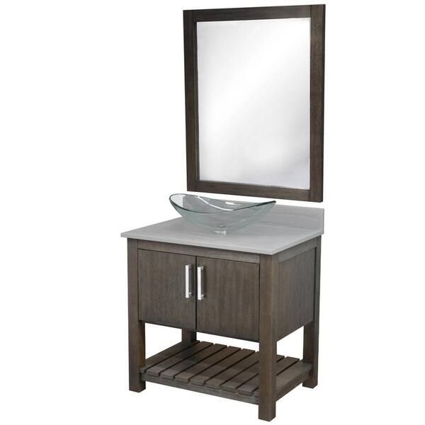 Novatto Ocean Breeze 31 in. W x 22 in. D x 31 in. H Single Sink Bath Vanity in Mocha with Grey Quartz Top, Clear Sink and Mirror