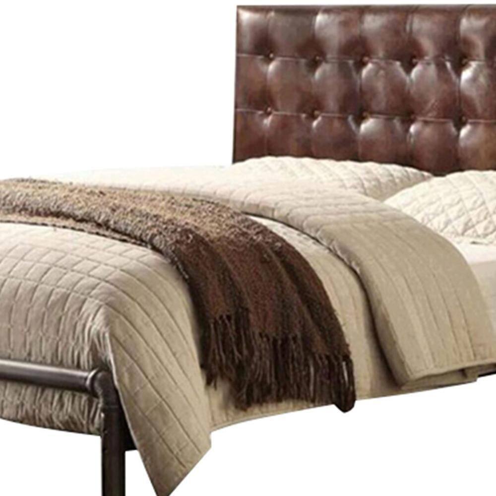 Vintage Brown Top Grain Leather Queen Bed with Tufted Headboard