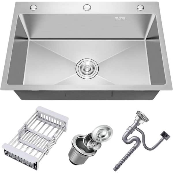 32 in. Drop in/Topmount Single Bowl Stainless Steel Kitchen Sink with Basket and Drain Kit